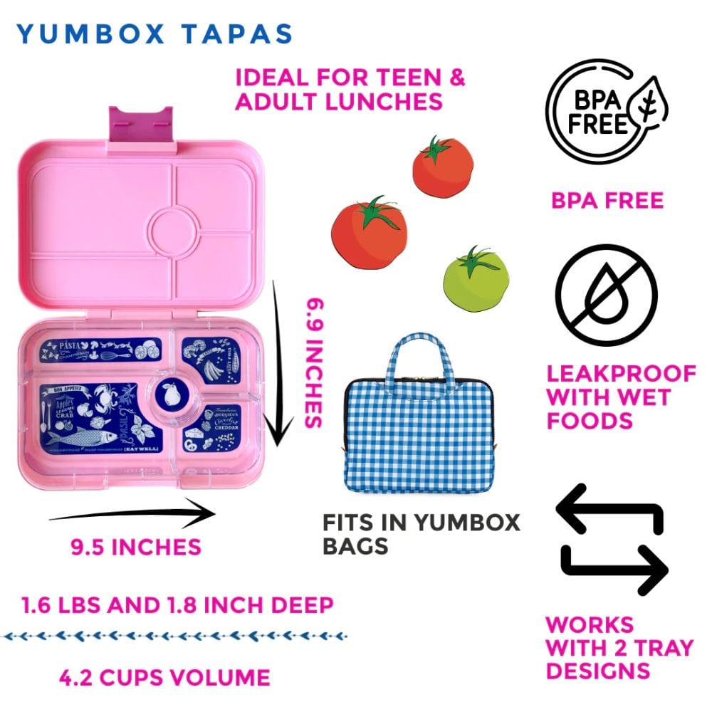 Yumbox Tapas 5 Compartment Bento Box - Capri Pink w/ Bon Appetite Tray By YUMBOX Canada - 76572