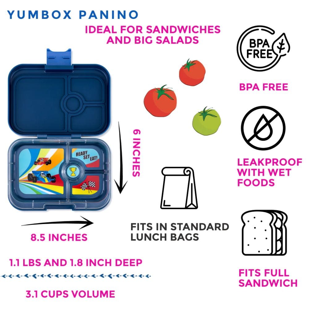 Yumbox Panino 4 Compartment - Monte Carlo Blue w/ Race Cars Tray By YUMBOX Canada - 78443