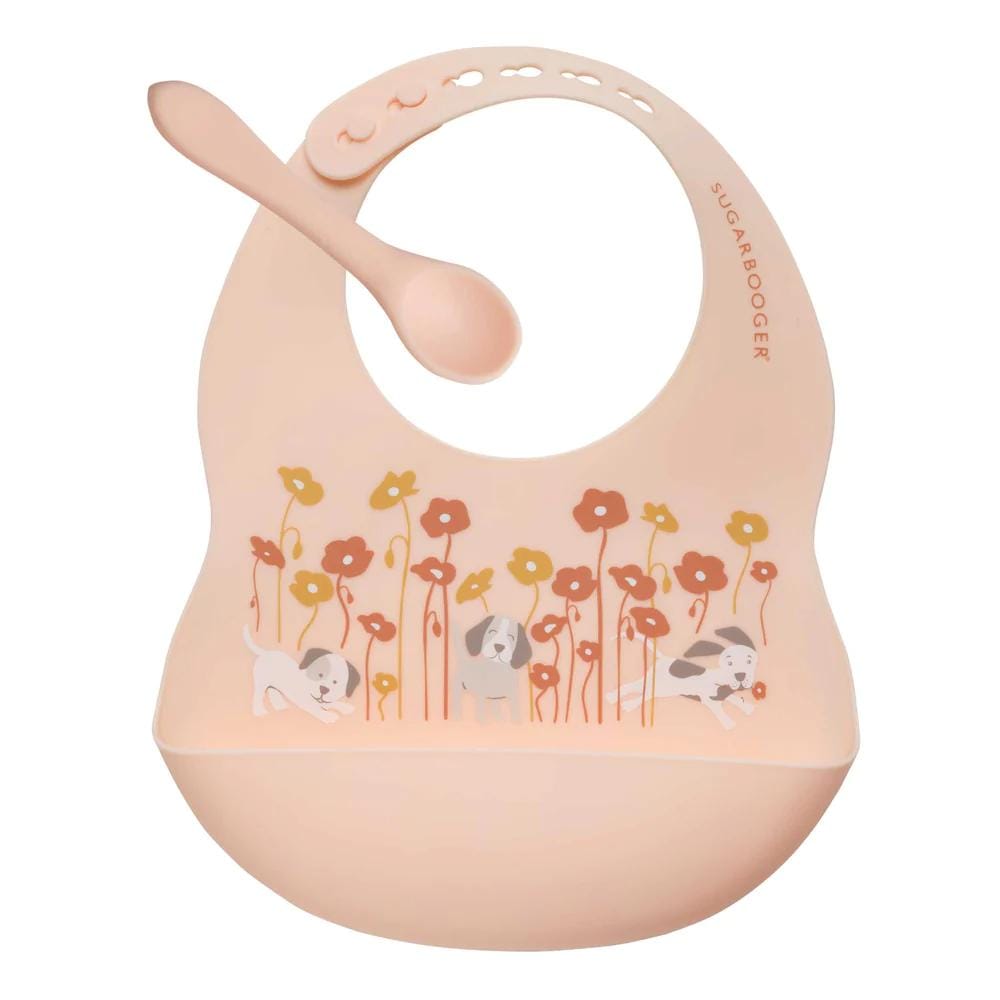 Sugarbooger Fresh & Messy Bib & Spoon Set - Puppies & Poppies By SUGARBOOGER Canada - 81856