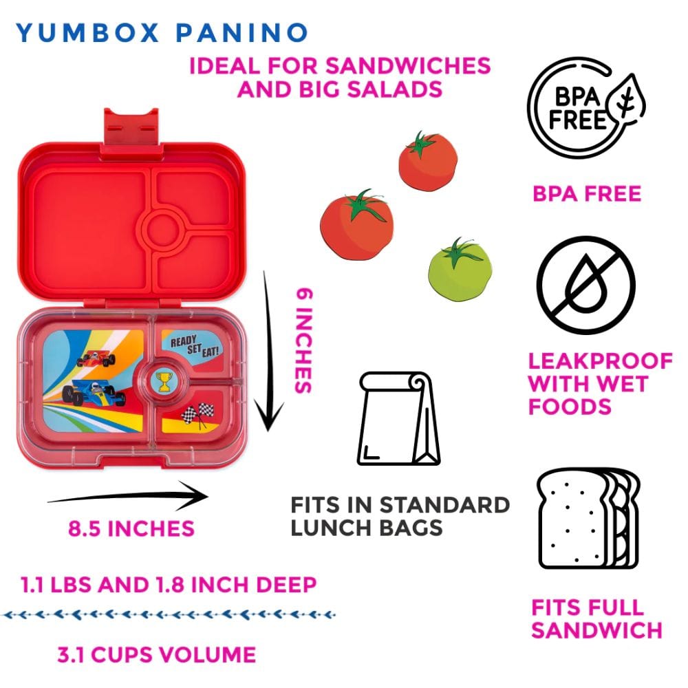 Yumbox Panino 4 Compartment - Roar Red w/ Race Cars Tray By YUMBOX Canada - 82166