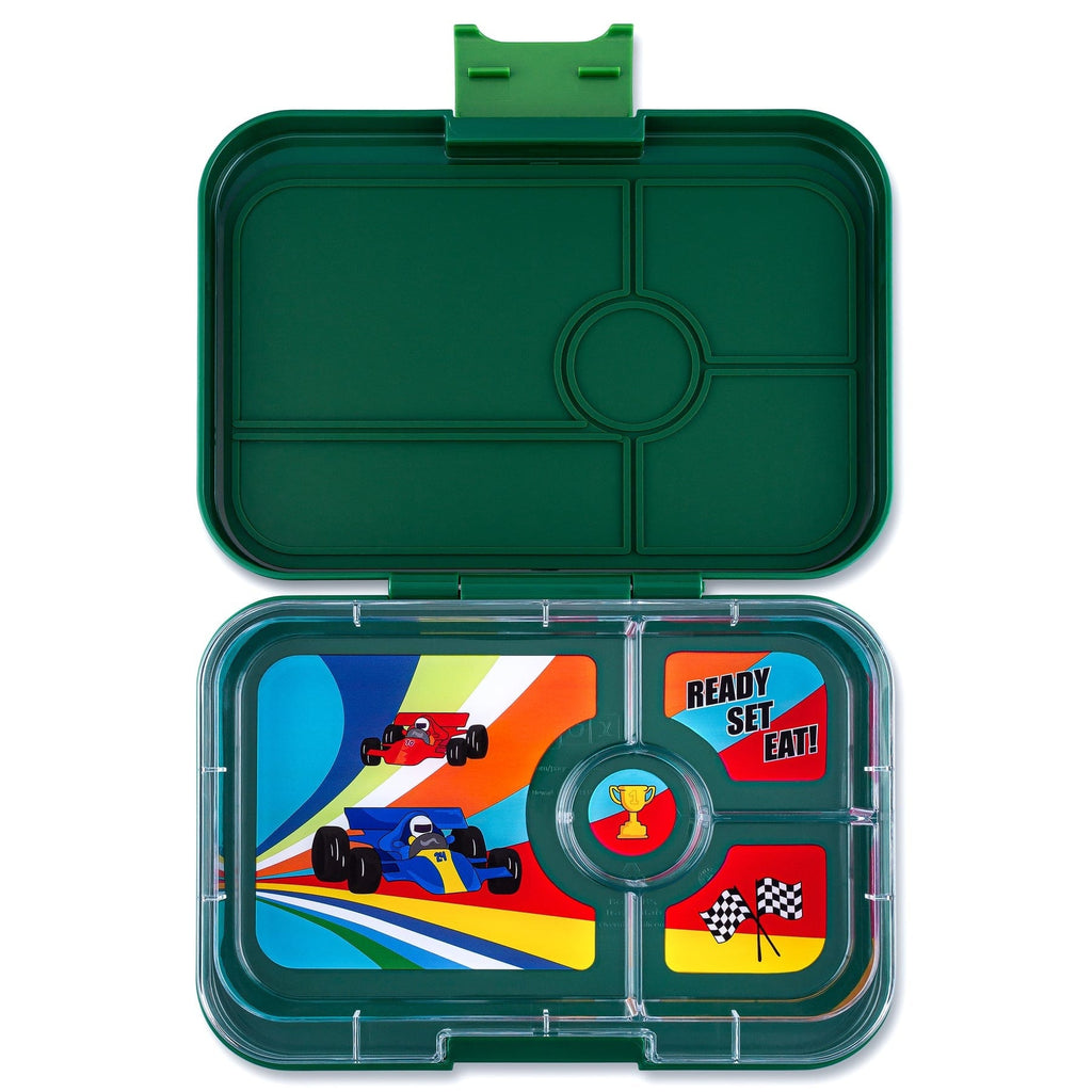 Yumbox Tapas 4 Compartment Bento Box - Greenwich Green w/ Race Cars Tray By YUMBOX Canada - 87193