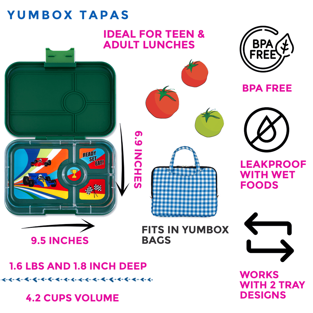 Yumbox Tapas 4 Compartment Bento Box - Greenwich Green w/ Race Cars Tray By YUMBOX Canada - 87193