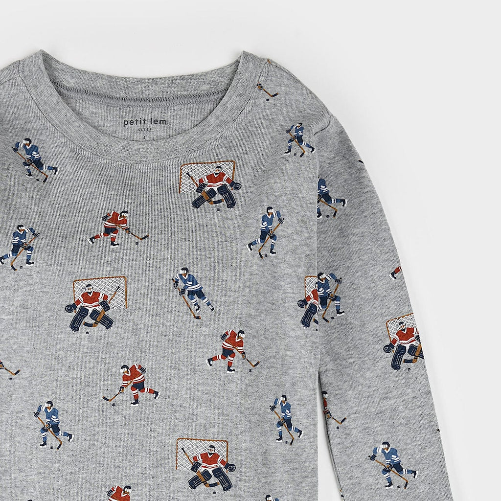 Petit Lem Hockey Players Print on Heather Grey PJ Set By PETIT LEM Canada -