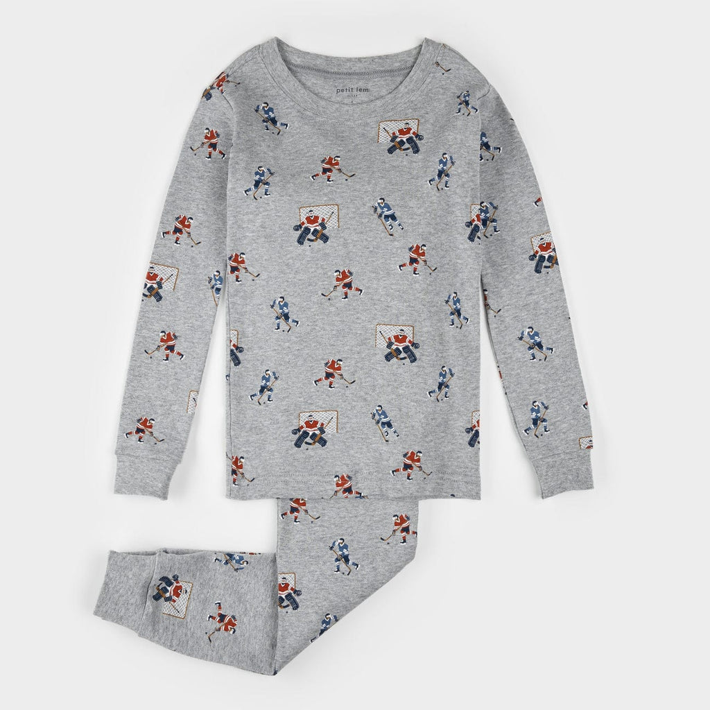 Petit Lem Hockey Players Print on Heather Grey PJ Set By PETIT LEM Canada -