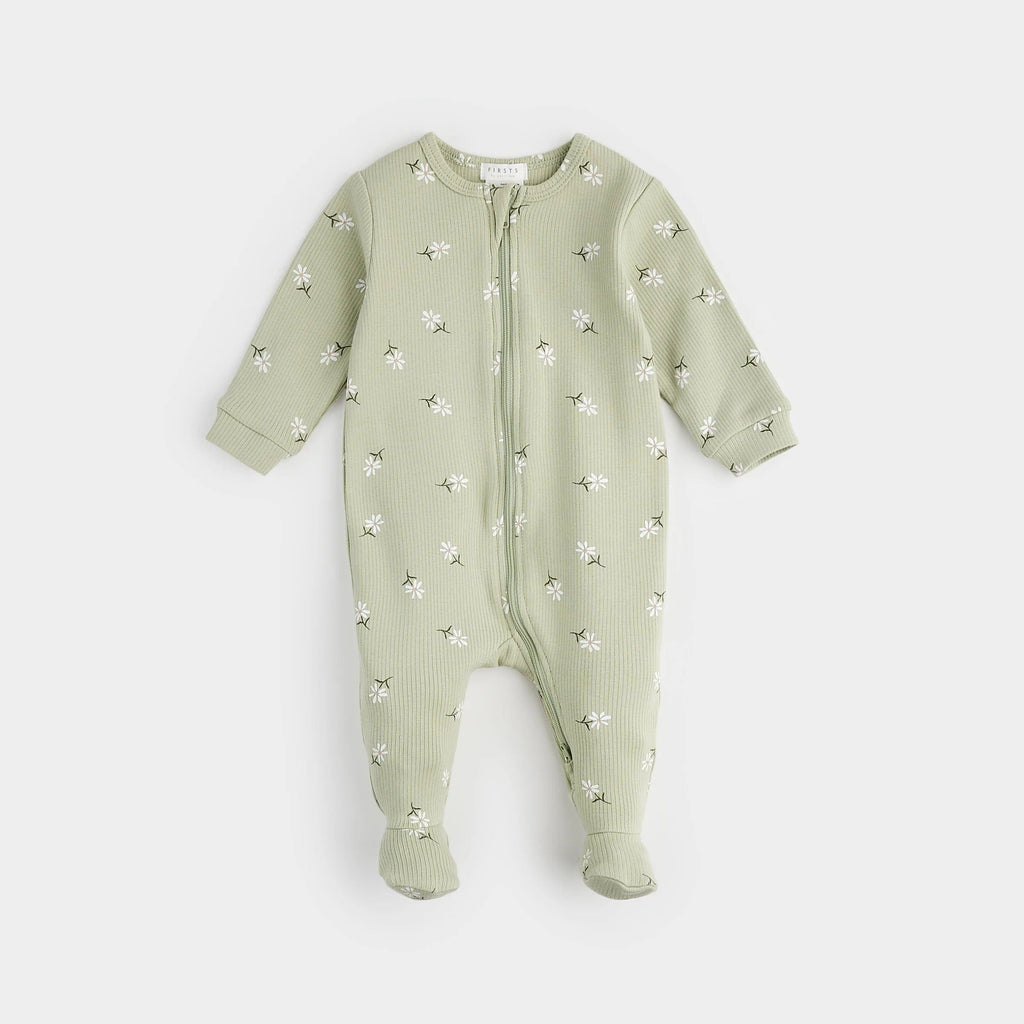 Petit Lem Ribbed Sleeper - Daisy Flower Print on Light Green By PETIT LEM Canada -