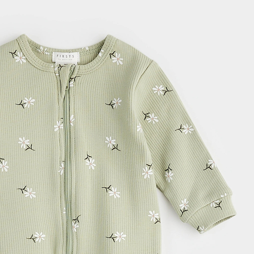 Petit Lem Ribbed Sleeper - Daisy Flower Print on Light Green By PETIT LEM Canada -