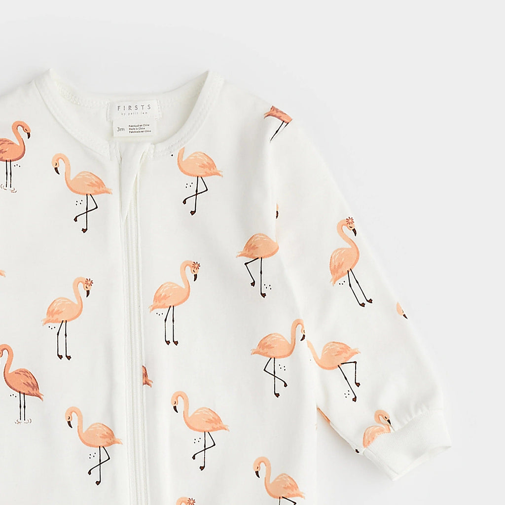 Petit Lem Zipper Sleeper - Flamingo Print on Off-White By PETIT LEM Canada -