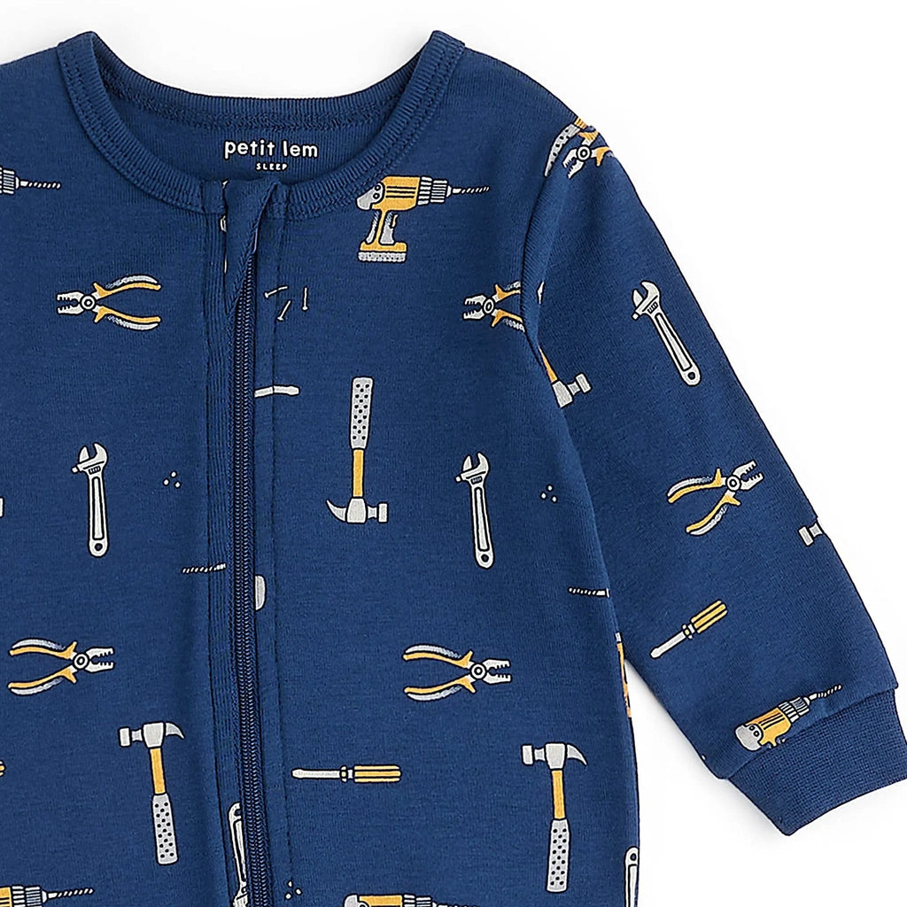 Petit Lem Zipper Sleeper - Tools Print on Dark Blue By PETIT LEM Canada -