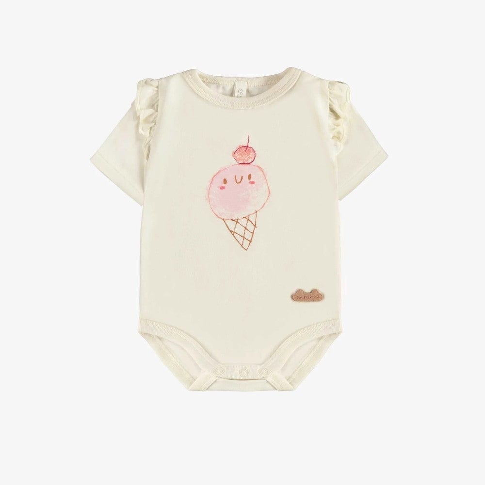 Souris Mini Baby Girls Ruffle Sleeve Bodysuit - Cream with Pink Ice Cream By SOURIS MINI Canada -