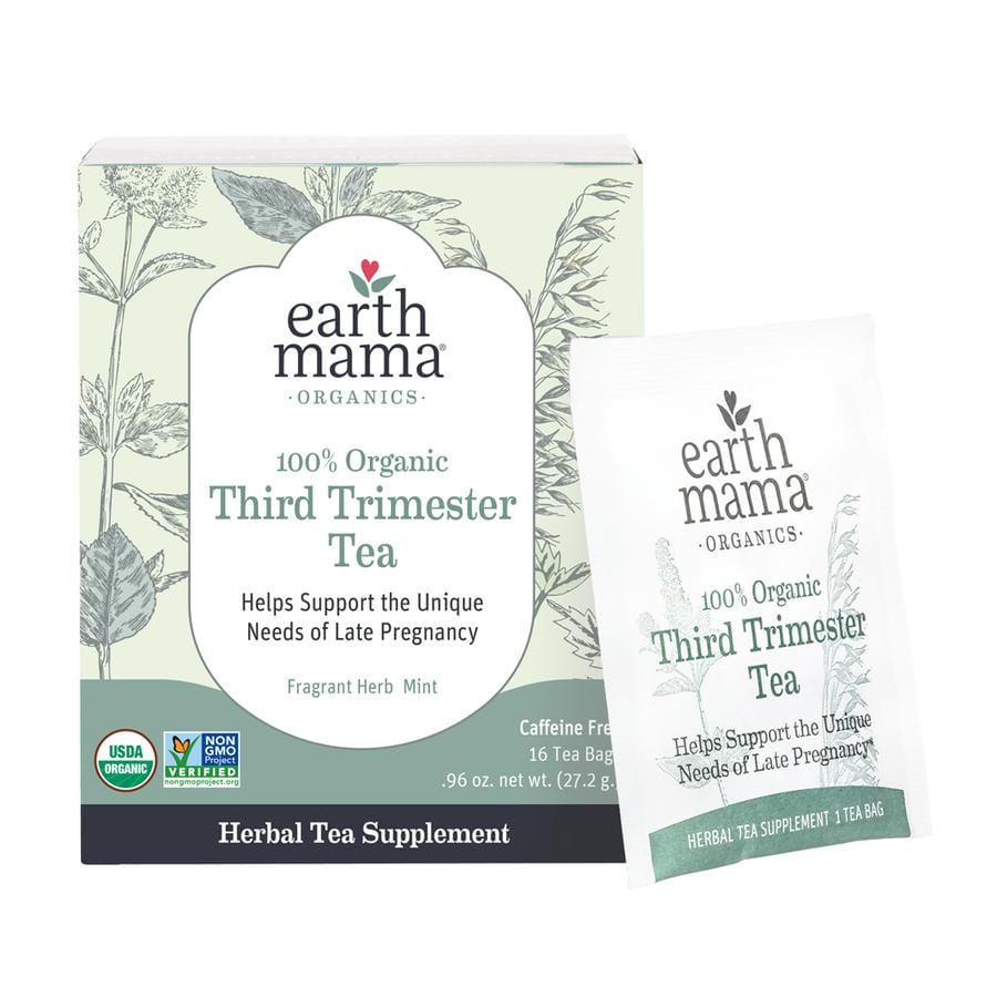Box of earth mama organics third trimester tea with herbal tea bag leaned against it.