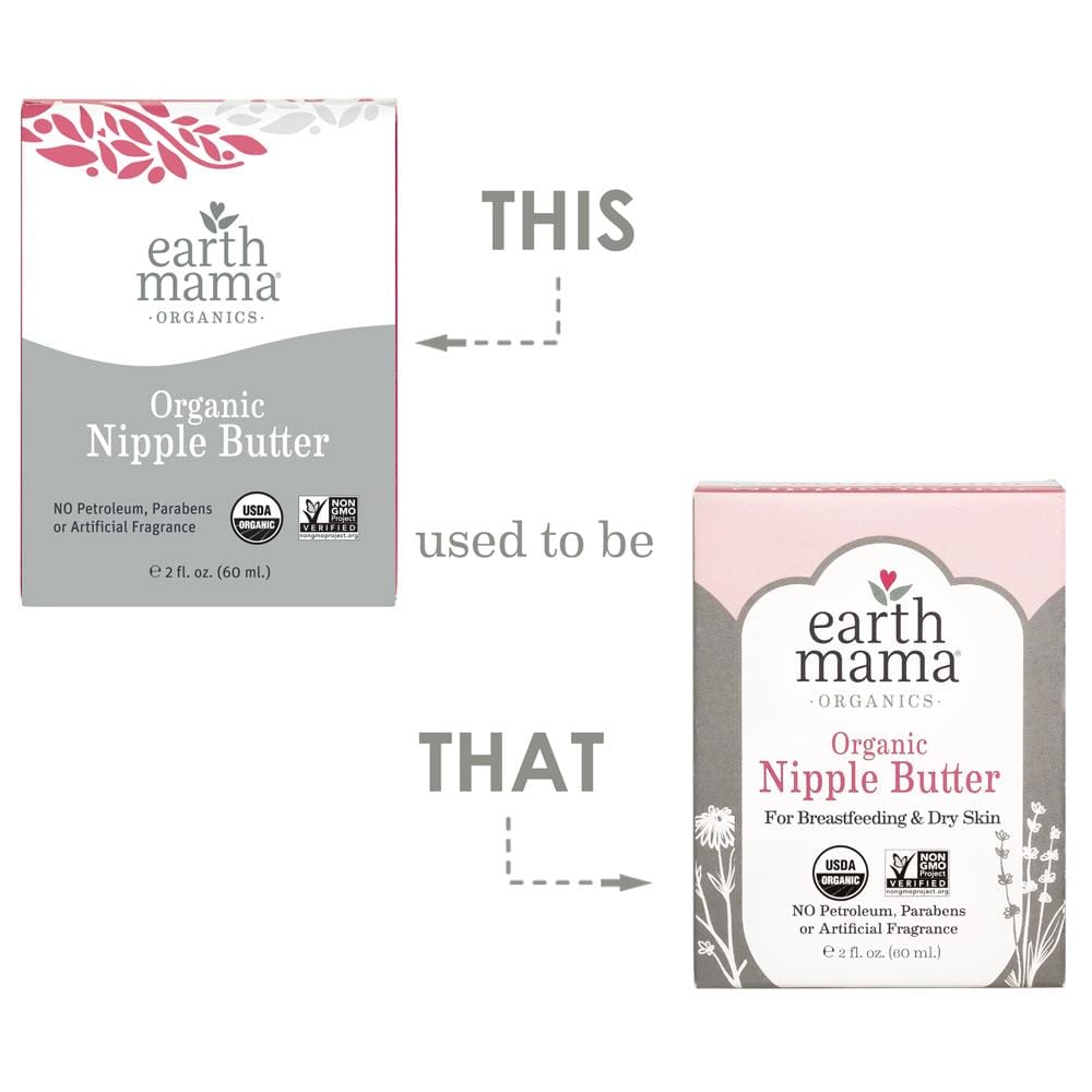 Image showing old packaging and new packaging of bath mama organic nipple butter.