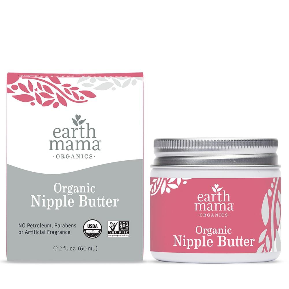 Box of earth mama organics organic nipple butter with 60 ml jar next to box.