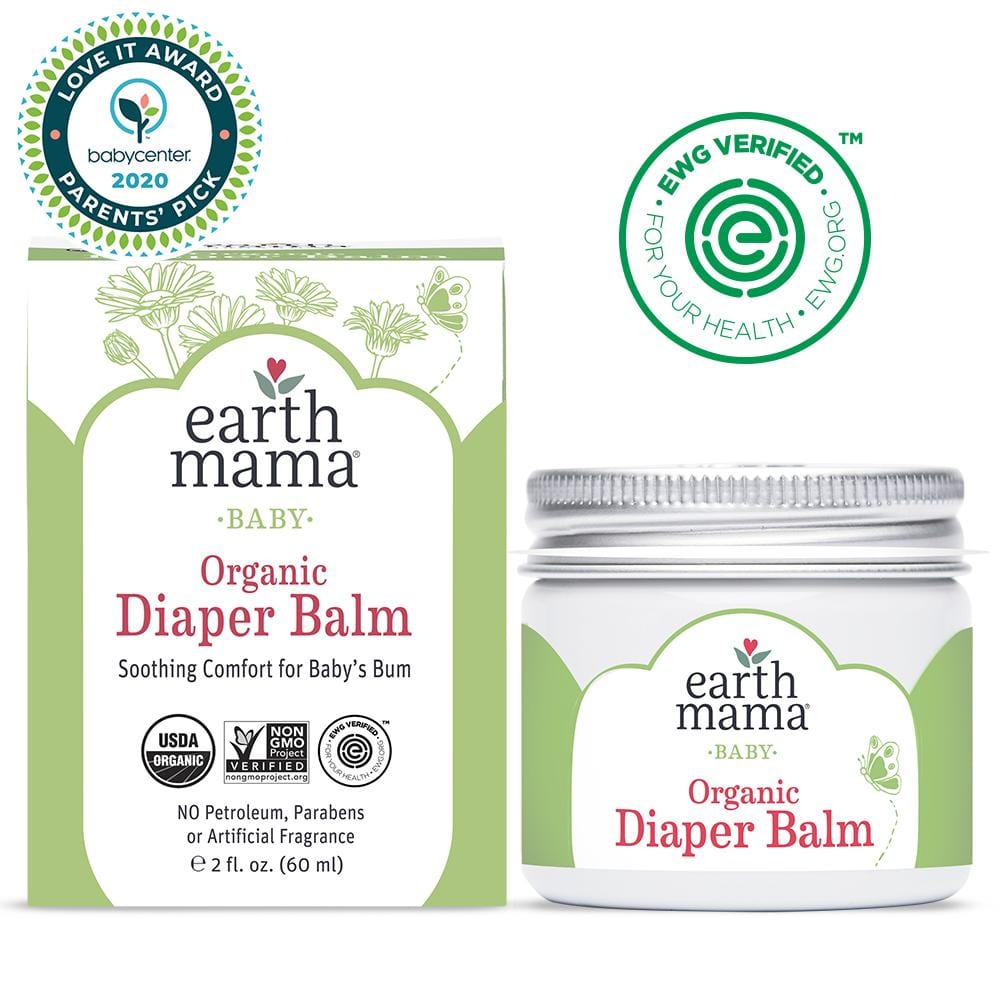 Box and screw top lid on jar of earth mama baby organic diaper balm.