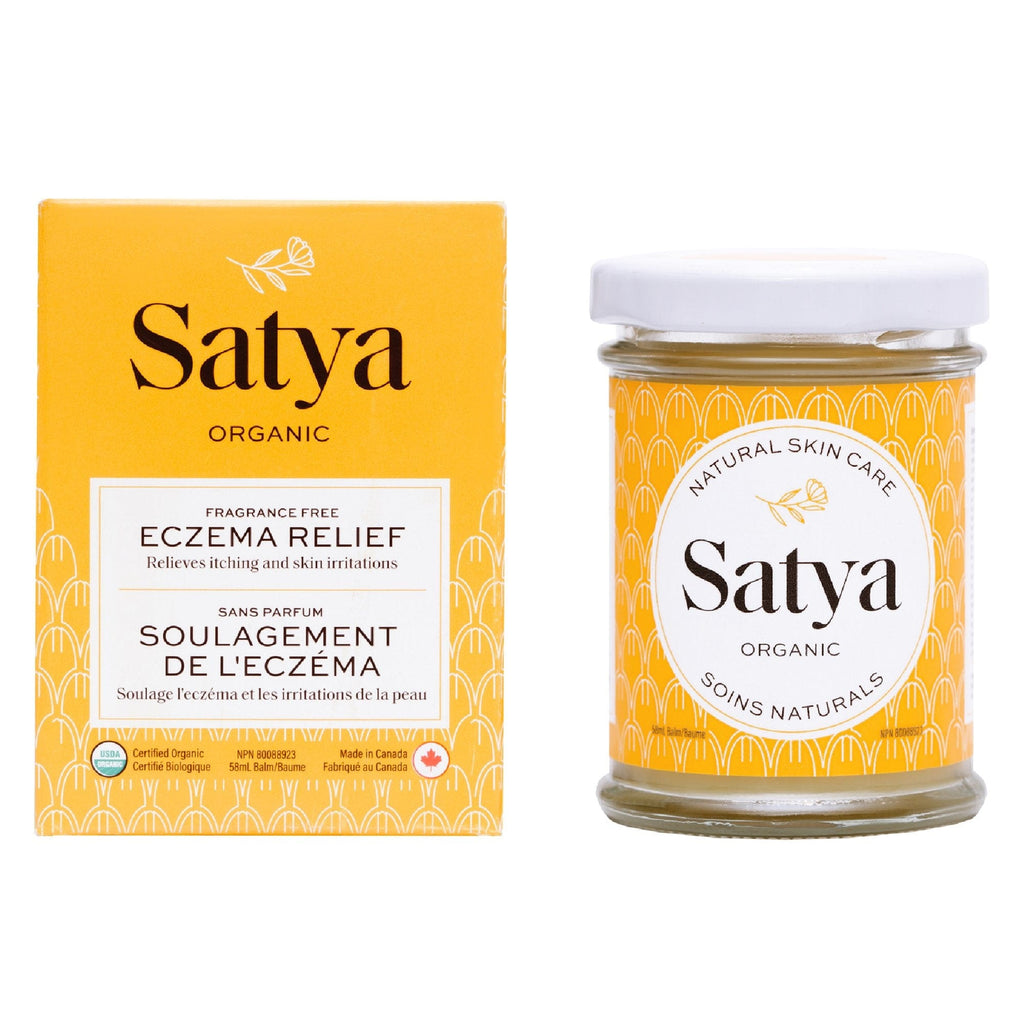 Yellow box of Satya organic eczema relief and 58 ml glass jar with metal cap.