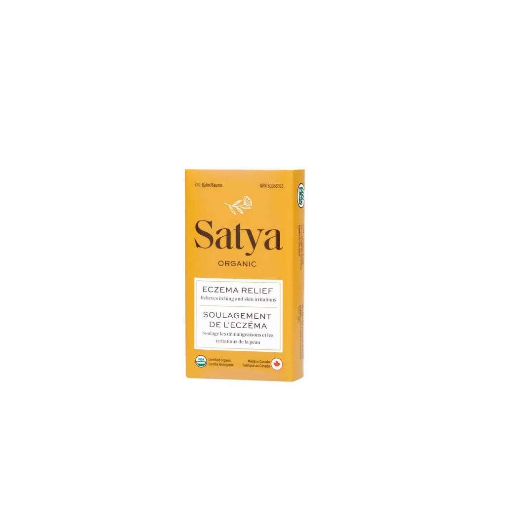 Yellow Satya packaging for the travel size 7 ml eczema relief tin.