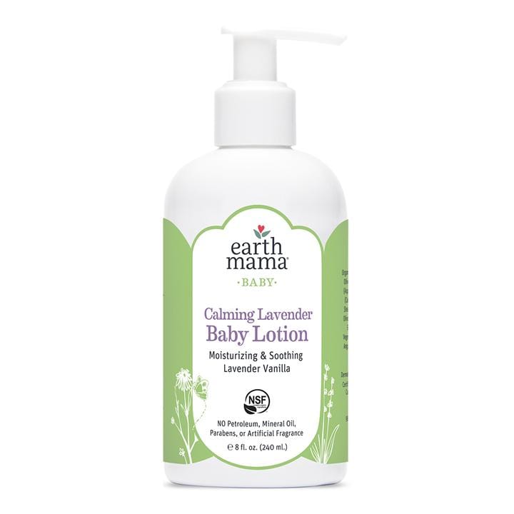 240 ml pump bottle with earth mama label calming lavender baby lotion. 