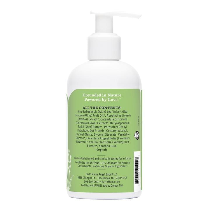 Ingredients for the earth mama organics calming lavender baby lotion. Many organic ingredients.