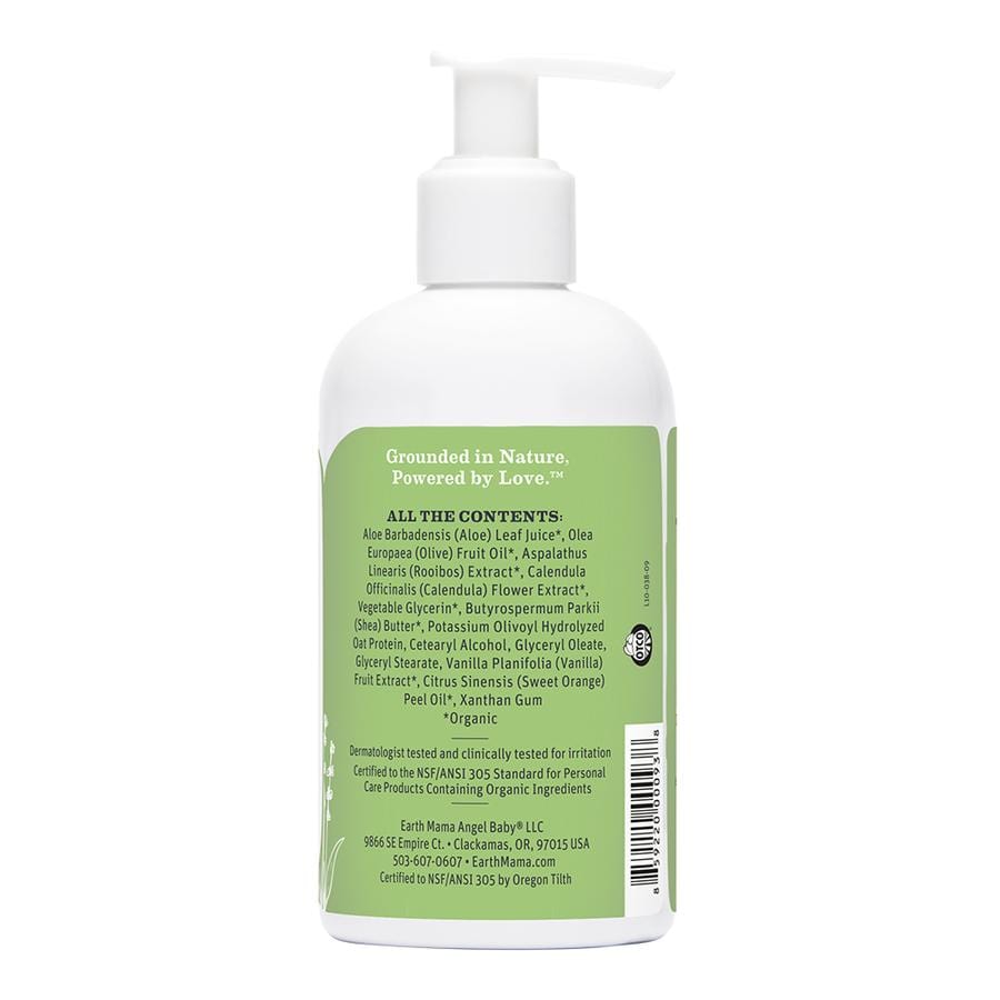 Ingredients label of Earth mama  baby sweet orange baby lotion. Size is 240 ml.