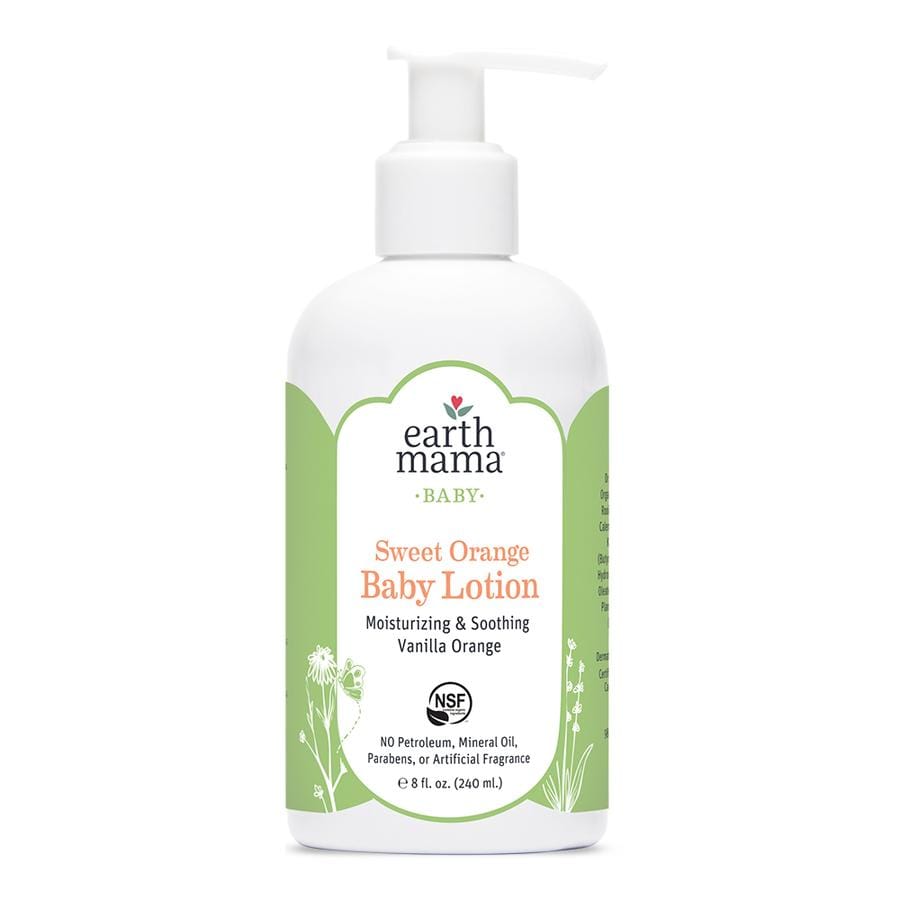 Bottle with pump top. Earth mama  baby sweet orange baby lotion. Size is 240 ml.