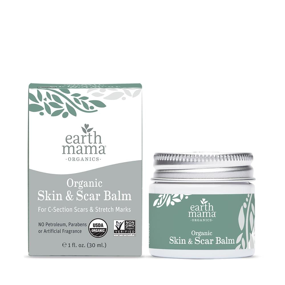 Earth Mama organics organic skin scar balm box and jar.