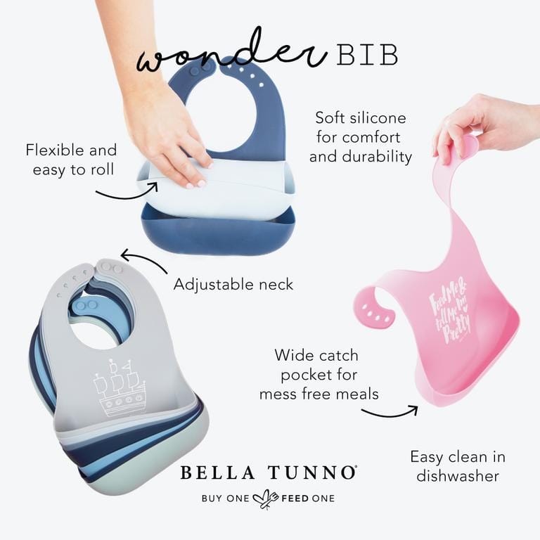 Wonder Bib benefits showing that it's flexible and easy to roll, soft and durable silicone, adjustable neck, has a wide catch bottom and is dishwasher safe.