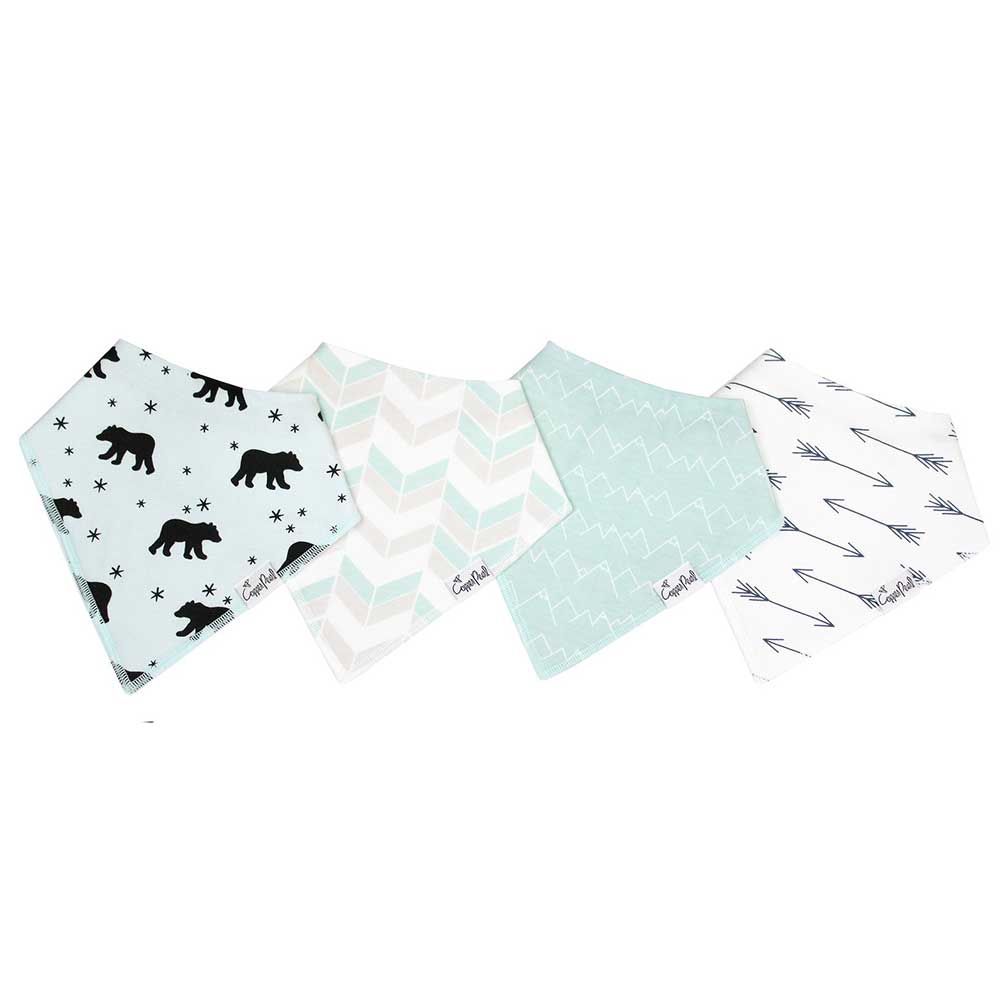 Four stylish cotton drool bibs, one blue with black bears, one with blue and white arrows, one blue with white mountians, one white with black arrows