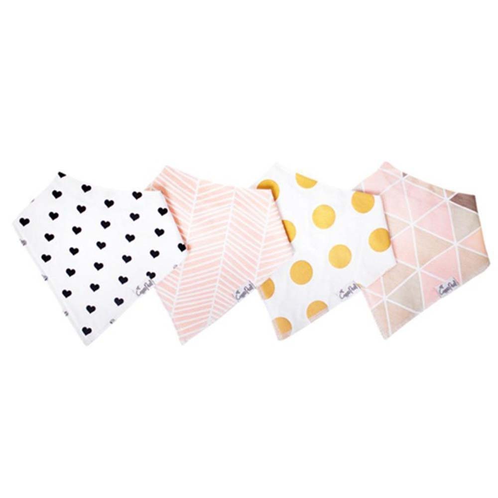 Four drool bibs, black hearts, two geometric patterns and yellow polka dots.