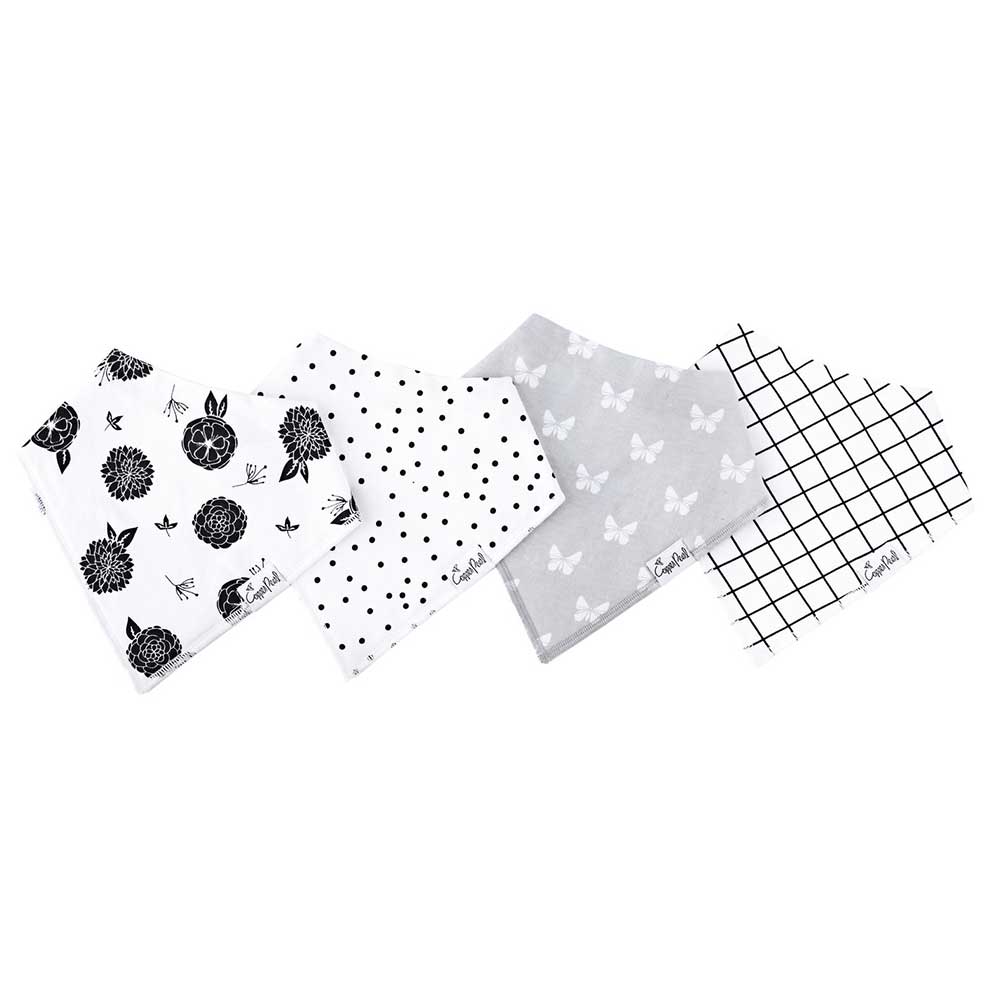 four drool bibs, black flowers, black and white polka dots, grey with white butterflies and checkers.