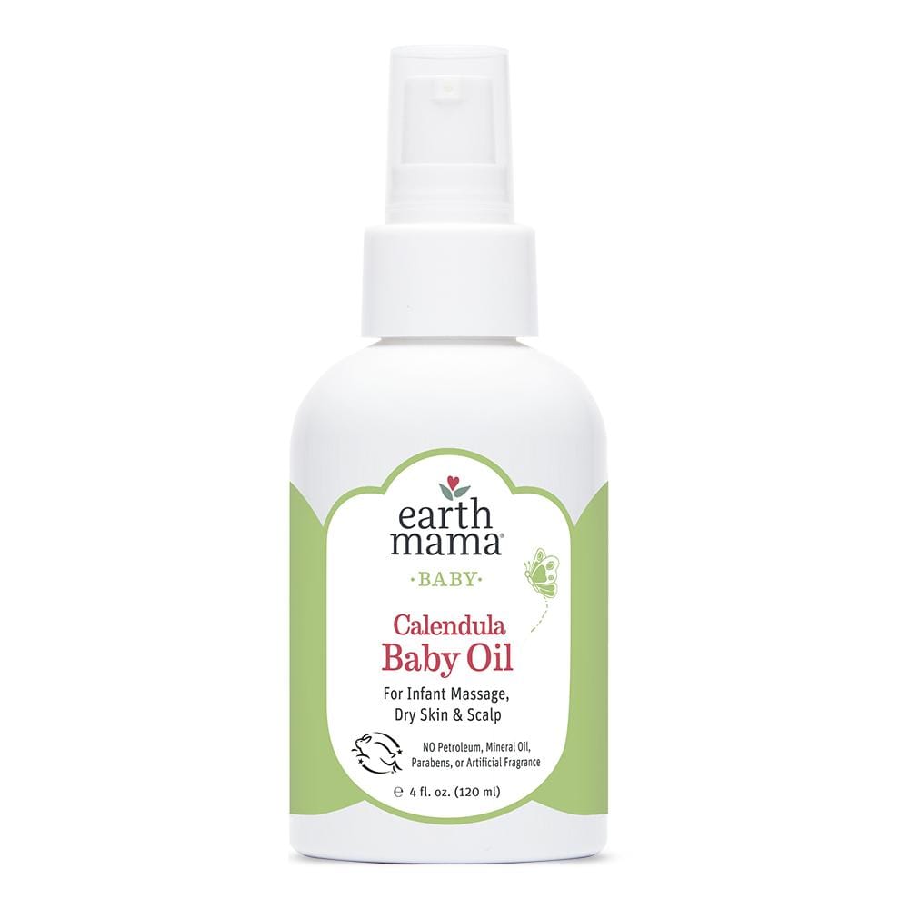 Earth mama baby calendula baby oil bottle with spray top and cap.