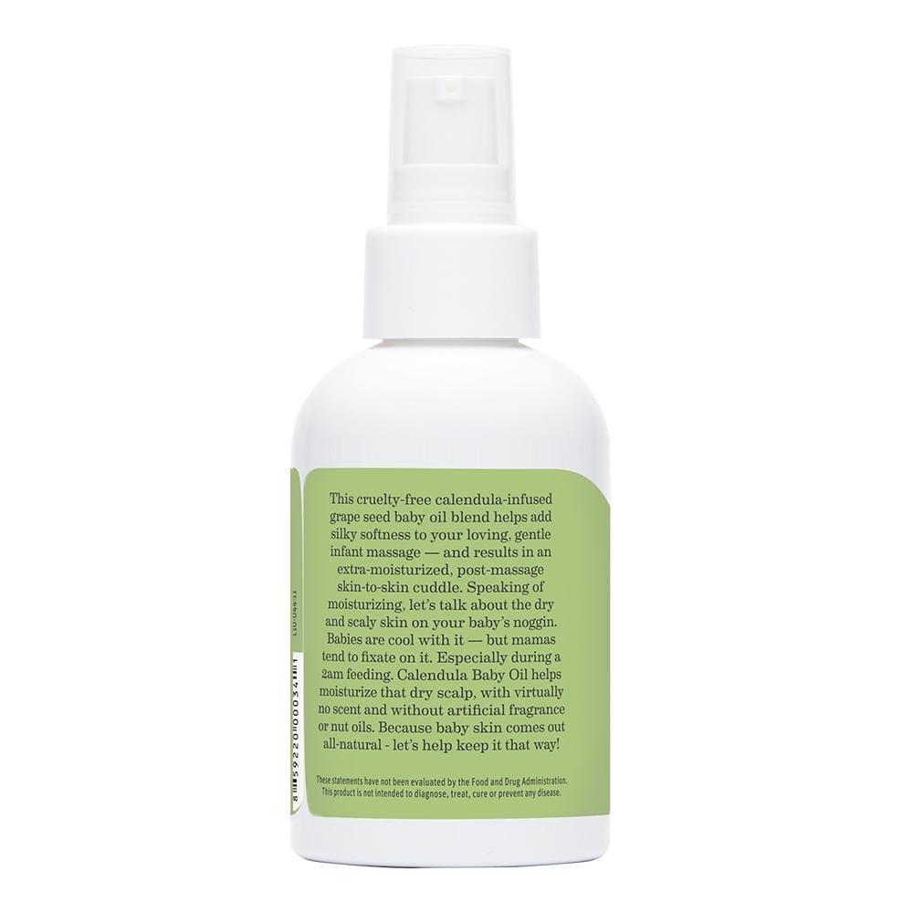 Earth mama baby calendula baby oil spray bottle showing the reasons to use the product.