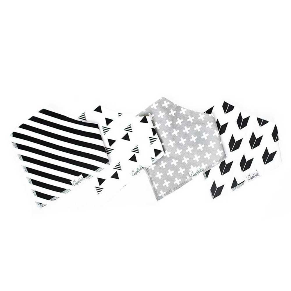 Four drool bibs designs include black and white stripes, arrow feathers, triangles, and gray with white x’s.