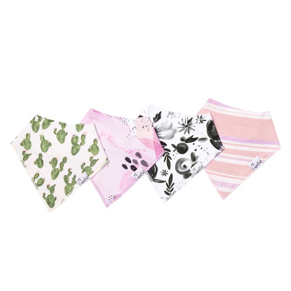 Four drool bibs cactus, pink watercolour, black flowers, pink and purple stripes.