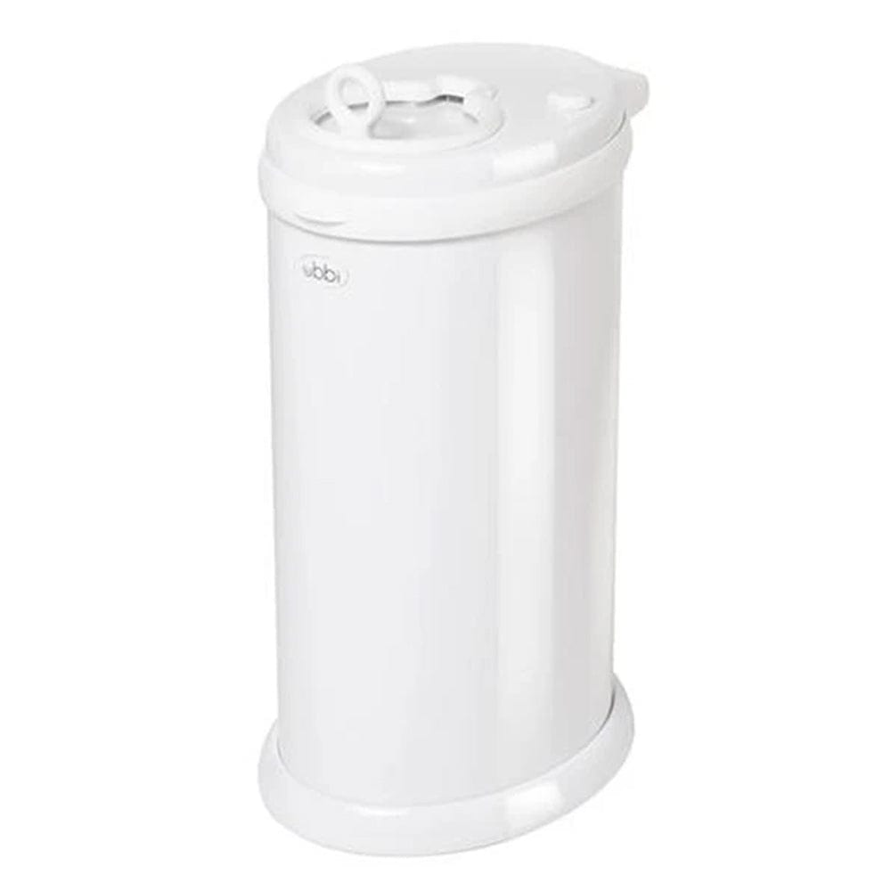 Ubbi's white diaper pail with an innovatively designed lid that keeps odors in and children out.
