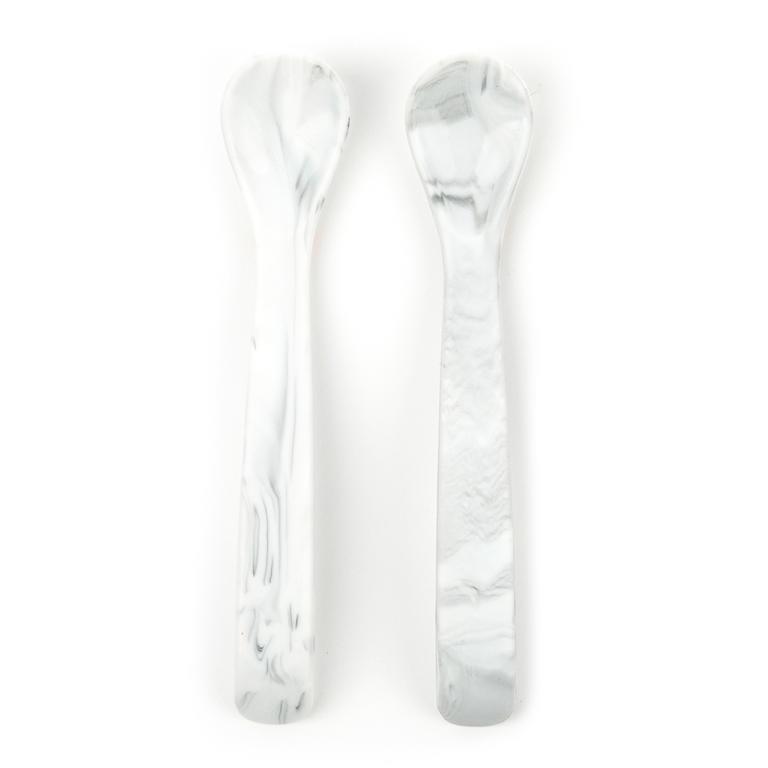 2 Bella Tunno themed silicone and ergonomic spoons. Both are grey and white marble. 