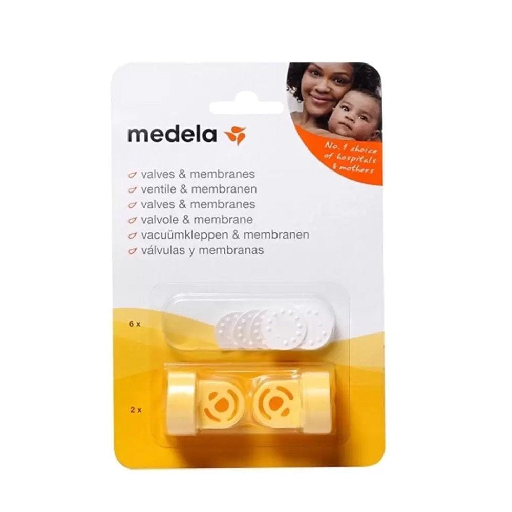 Card with see through bubble with 6 white membranes and 2 yellow valves for Medela breast pumps.