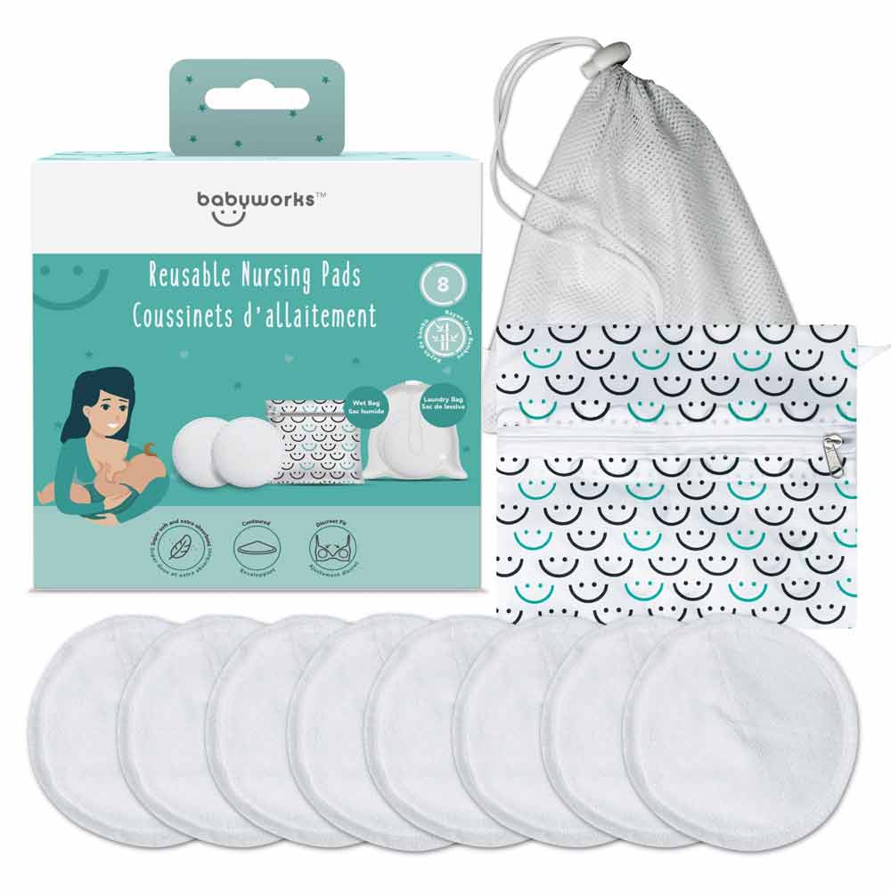 Babyworks Bamboo Reusable Nursing Pads 8 Pack. Kit includes wet bag, laundry bag and 8 reusable nursing pads.