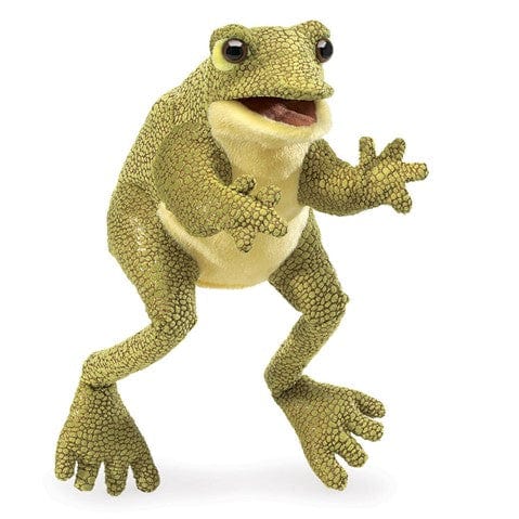 Textured green and yellow frog with moveable arms and mouth. 