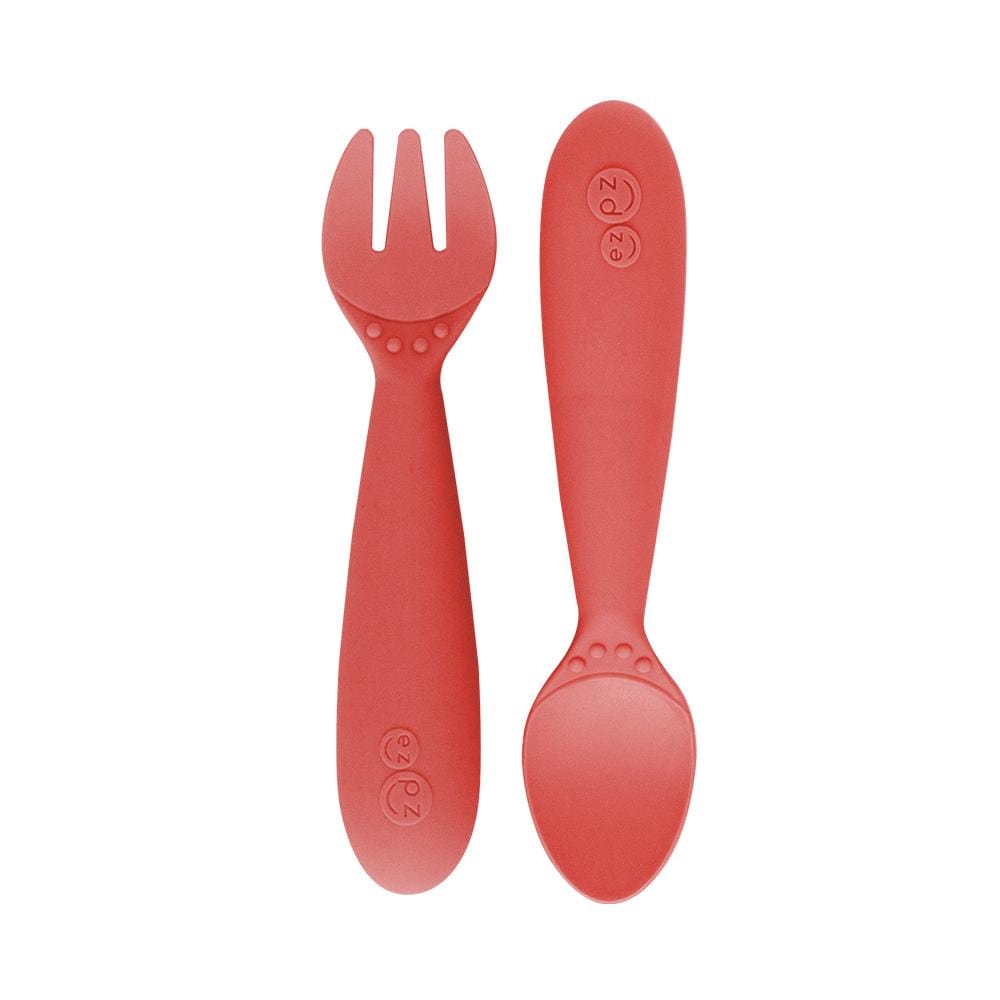 ezpz utensil set comes with one nylon and silicone fork and a nylon and silicone spoon. 