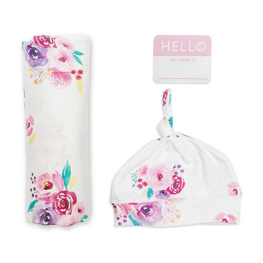 Lulujo Hello World Blanket & Knotted Hat Newborn Set- Posies