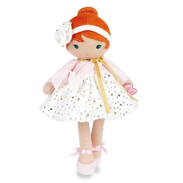 Valentine the red headed soft doll with Pink dress and white skirt with gold starts. This 32cm doll is also wearing pink velvet ballet shoes with pink satin ribbon.