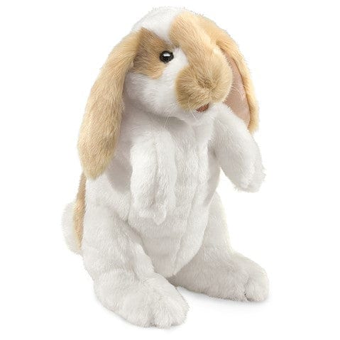 Adorable brown and white standing bunny puppet with long ears. 