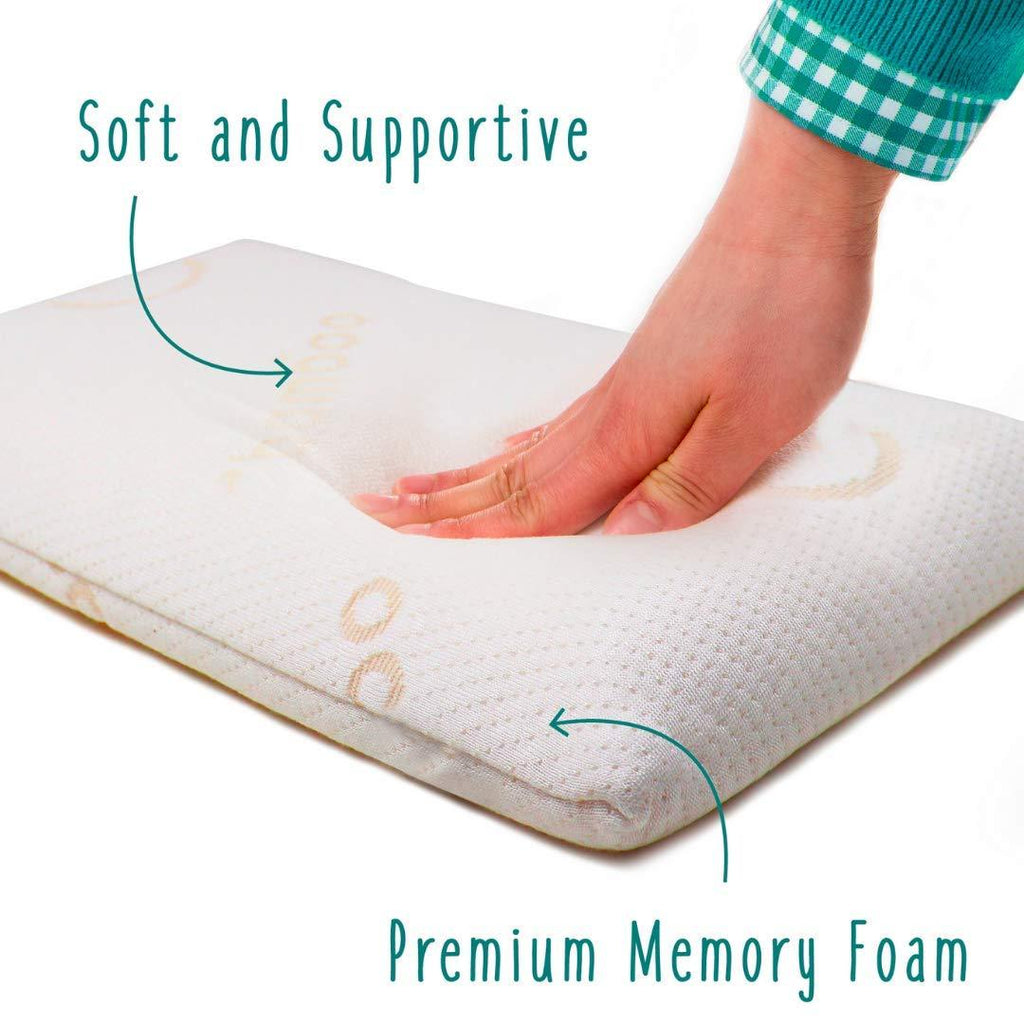 Baby Works baby's first pillow. Cream coloured memory foam pillow with woman's hand pressing down on the pillow and the words soft and supportive.