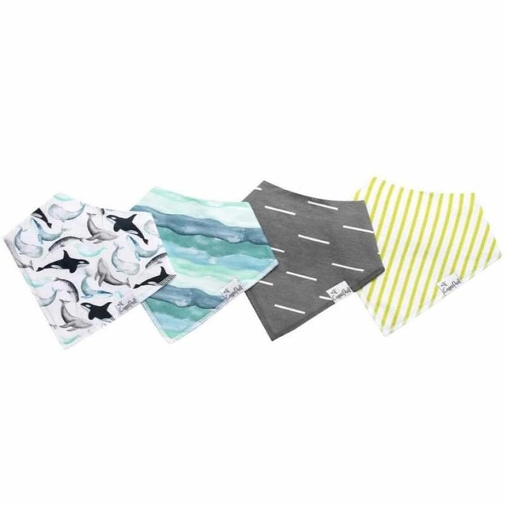 Four pack of drool bibs with different patterns. Whales, blue and green waves, grey with white lines, green with white stripes.