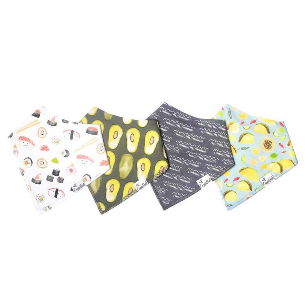 4 pack of drool bibs with different patterns, sushi, avocado, tacos and lines