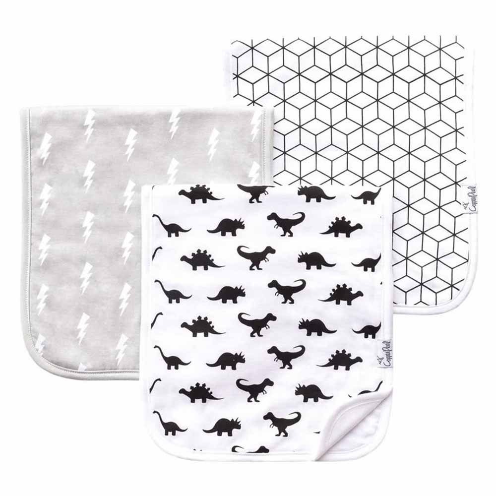 3 Pack of burp cloths, one white with black dinosaurs, one grey with white lightening bolts, other white with black cubes
