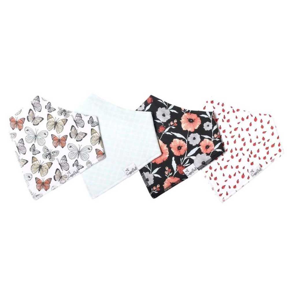 four bandana drool bibs with butterflies, checkers, poppies and lady bugs
