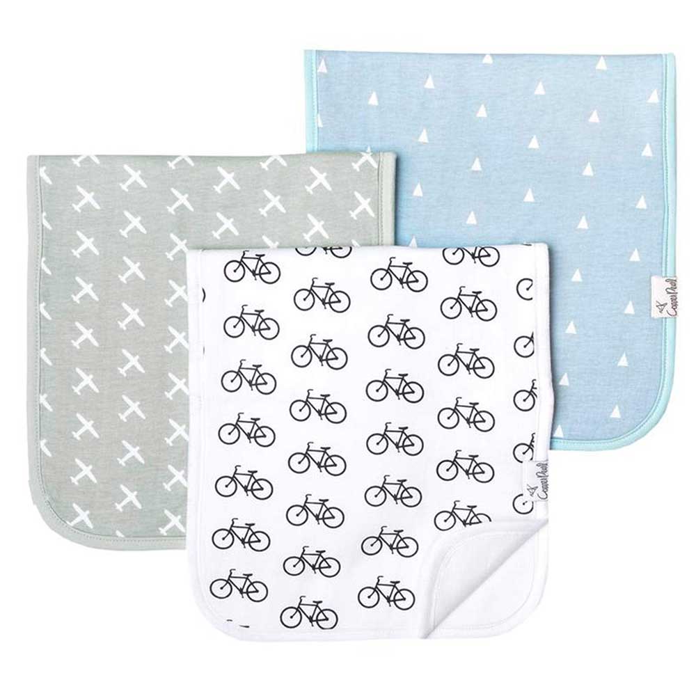 3 burp cloths patterns include planes, bicycles and triangles