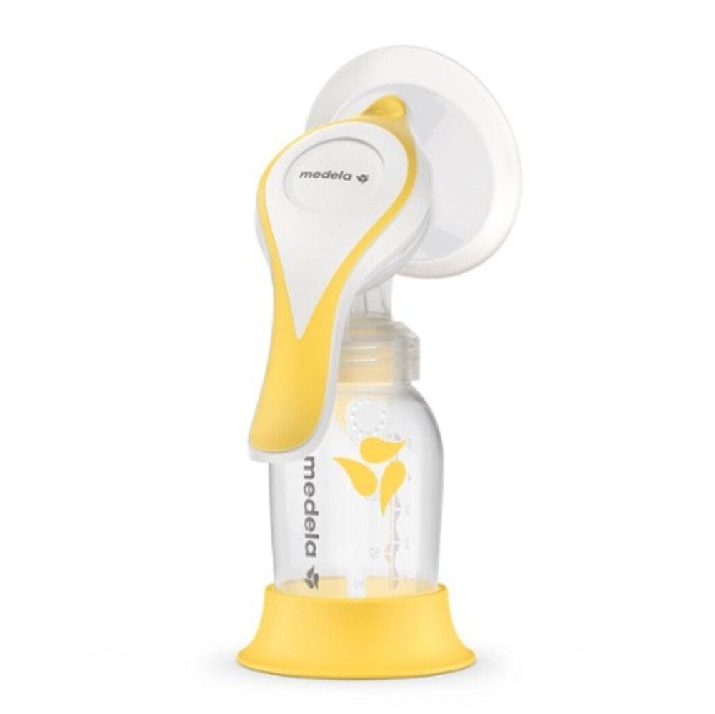 Medela Harmony Flex single breast pump is yellow and white. 