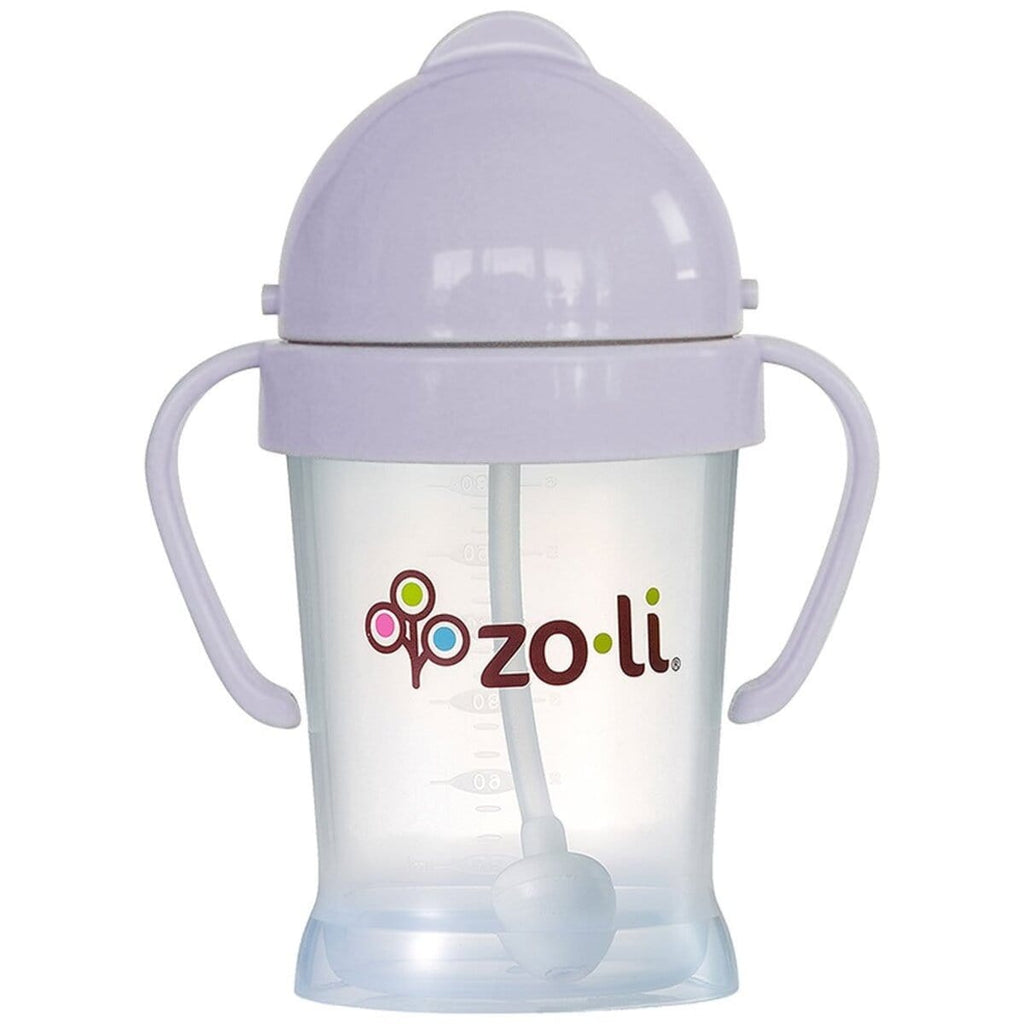 Zoli sippy cup with a baby purple lid and handles.