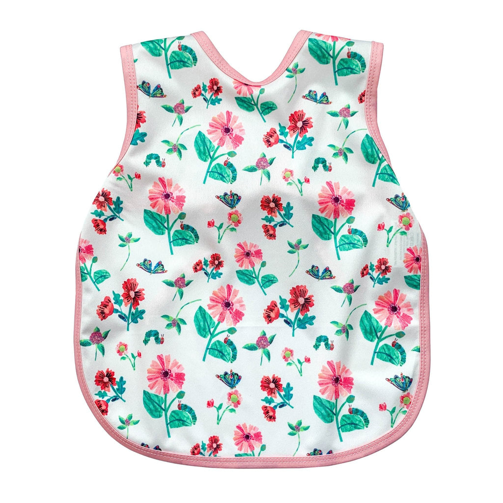 Bapron- bib apron is a hybrid between the two. It is full coverage and ties in the back. This one has a pink trim, has pink flowers, butterflies and caterpillars. 